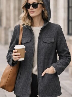 Braetan Gray Wool Blend Hooded Coat Lined Zip Front Minimal Jacket Size M